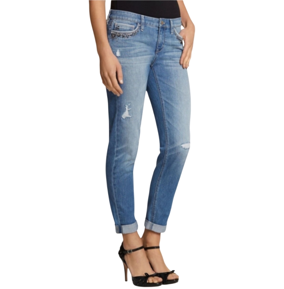 WHBM Low Rise Girlfriend Jeans Blue Jeweled Pockets Size 0R - Picture 1 of 12